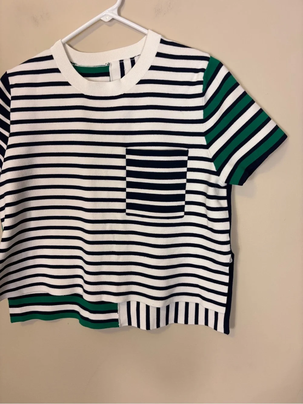 Tory Burch Sport White, Black & Green Striped Short-Sleeve Pocket Tee Medium